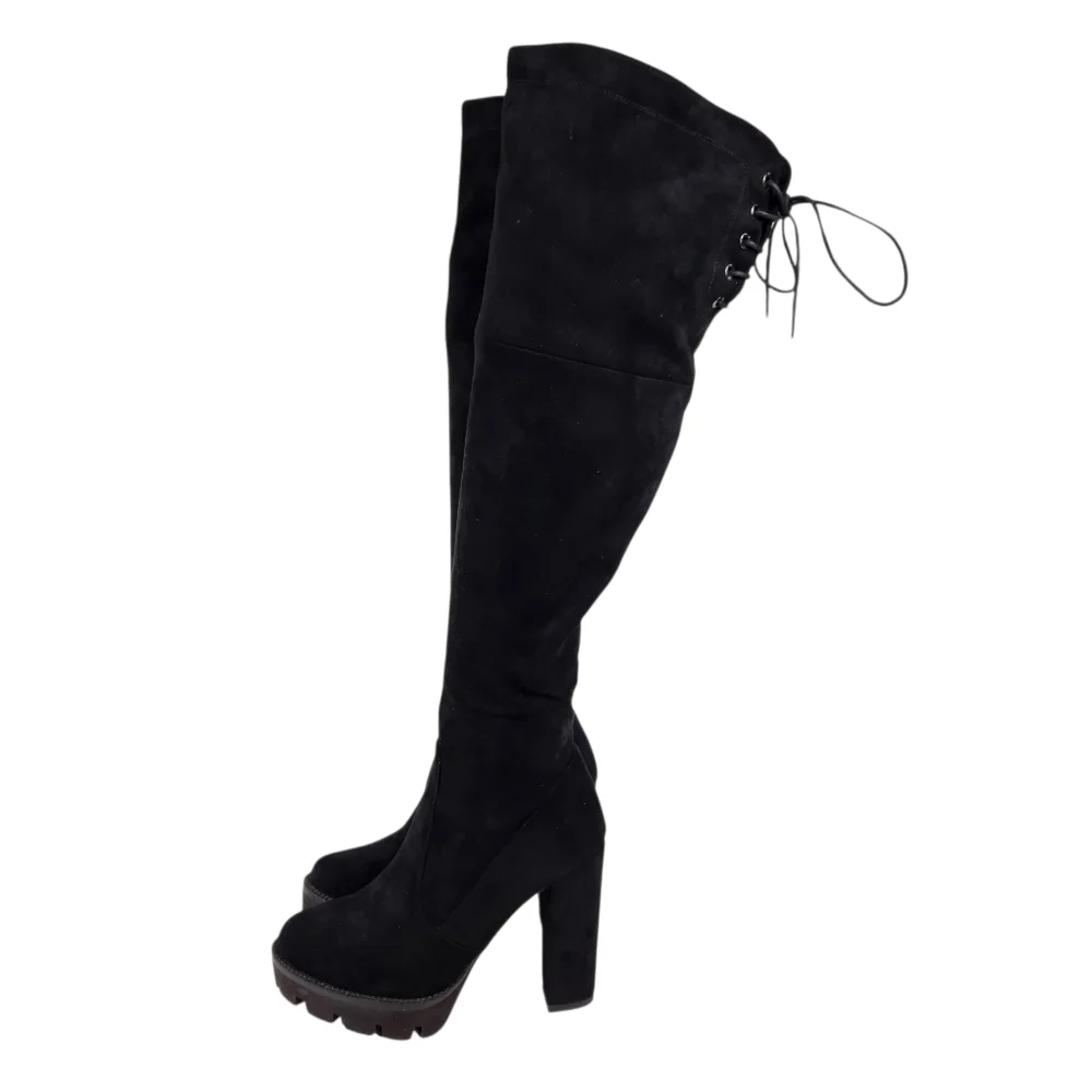 Isnom Black Suede Leather Chunky Lug Sole Over The Knee Tall Boot Women Size 9.5